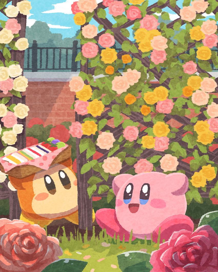 blush_stickers brick_wall colorful day fence flower garden grass highres kirby kirby's_dream_land kirby_(series) looking_at_another miclot nature no_humans orange_flower outdoors pink_flower rose waddle_dee yellow_flower