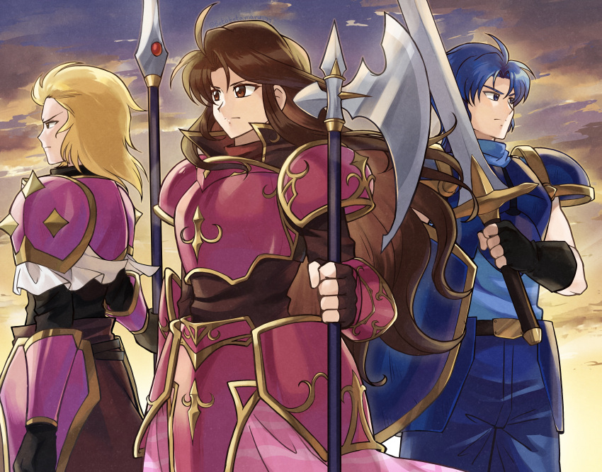 1girl 2boys absurdres armor arran_(fire_emblem) betabetamaru blonde_hair blue_armor blue_eyes brown_hair clouds fire_emblem fire_emblem:_mystery_of_the_emblem halberd highres holding holding_polearm holding_sword holding_weapon multiple_boys pauldrons pink_armor polearm red_eyes samson_(fire_emblem) sheena_(fire_emblem) shield shoulder_armor spiked_pauldrons standing sunset sword weapon