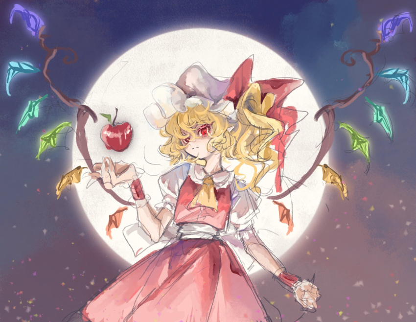 80isiiii apple ascot back_bow blonde_hair bow clenched_hand collared_shirt crystal crystal_wings flandre_scarlet floating food frilled_shirt_collar frilled_skirt frilled_sleeves frills fruit full_moon hat hat_ribbon highres holding holding_food holding_fruit levitation looking_at_food medium_hair midriff mob_cap moon night night_sky one_side_up pointy_ears puffy_short_sleeves puffy_sleeves red_eyes red_ribbon red_skirt red_vest red_wrist_cuffs ribbon shirt short_sleeves sketch skirt skirt_set sky touhou vest white_bow white_headwear white_shirt wings wrist_cuffs yellow_ascot