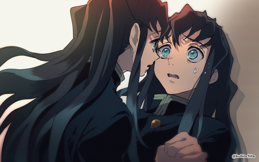 2boys alternate_universe aqua_hair black_hair brothers brown_background dalc_rose demon_slayer_uniform dutch_angle eye_contact face-to-face floating_hair hand_grab hand_up kimetsu_no_yaiba long_hair looking_at_another male_focus multicolored_hair multiple_boys open_mouth siblings streaked_hair sweat tokitou_muichirou tokitou_yuichirou twins twitter_username upper_body white_background worried