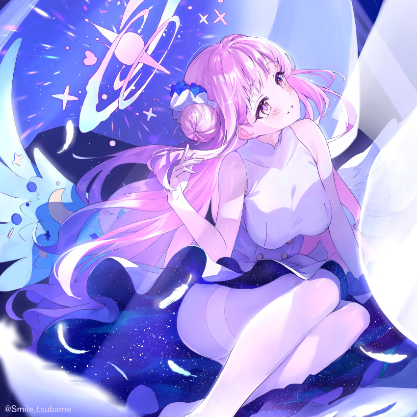 1girl absurdres angel_wings blue_archive blush commentary dress falling_feathers hair_bun hair_ornament hair_scrunchie hair_spread_out halo highres long_hair looking_afar mika_(blue_archive) pantyhose parted_lips pink_hair scrunchie solo tsubameno twitter_username violet_eyes white_dress white_pantyhose wings
