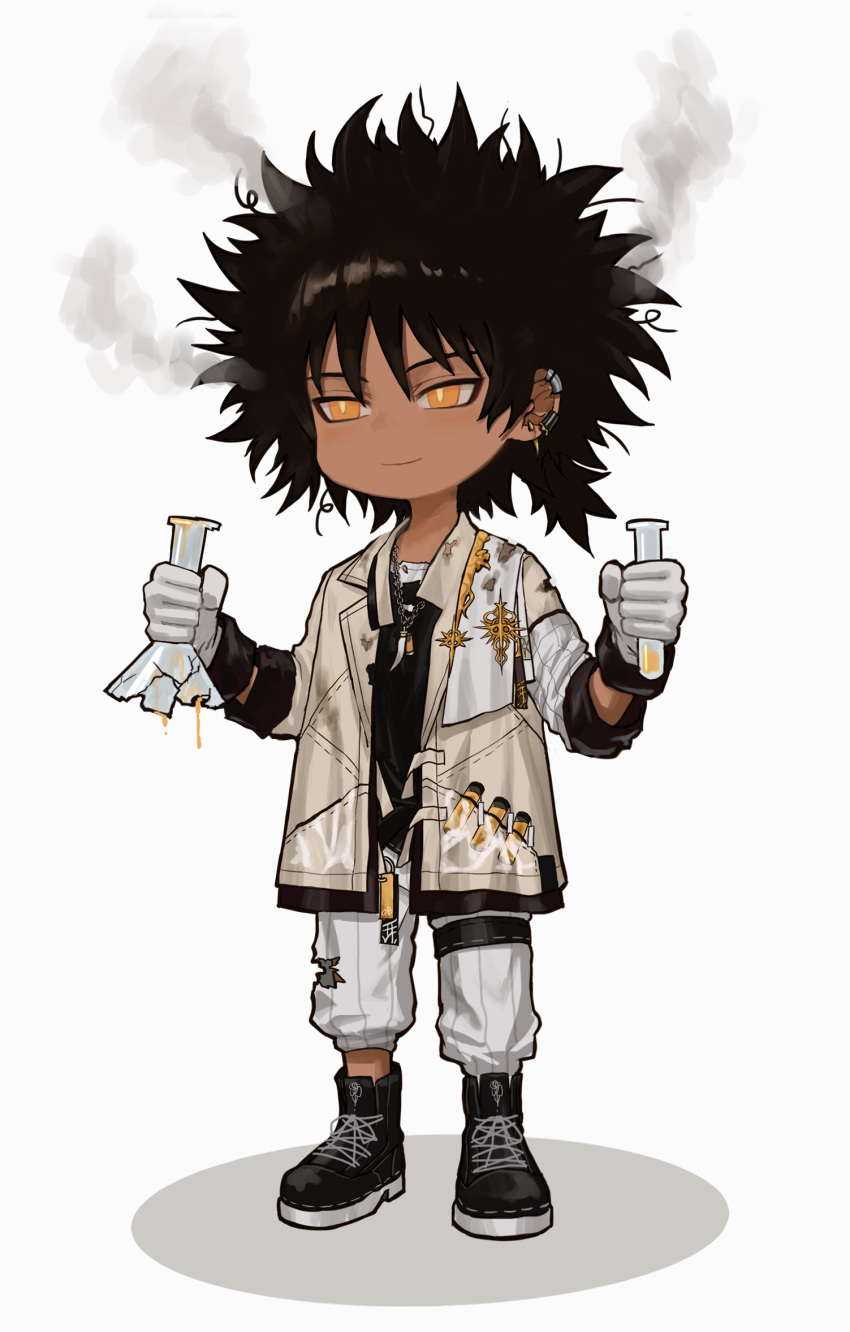 1boy afro arknights black_footwear black_hair boots chibi closed_mouth dark-skinned_male dark_skin ear_piercing earclip full_body geebee_79 gloves grey_background highres holding jacket jewelry male_focus messy_hair necklace open_clothes open_jacket orange_eyes pants piercing shirt simple_background smoke solo standing test_tube thorns_(arknights) torn_clothes white_gloves