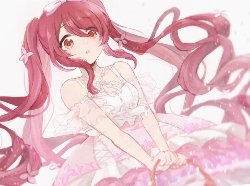1girl 47_m00n :o alstroemeria_(idolmaster) bare_shoulders basket collarbone commentary_request dress dutch_angle floating_hair flower frilled_dress frills hair_flower hair_ornament hair_ribbon highres holding holding_basket idolmaster idolmaster_shiny_colors long_hair osaki_tenka parted_lips pink_dress redhead ribbon solo swept_bangs twintails upper_body very_long_hair white_background white_dress yellow_eyes