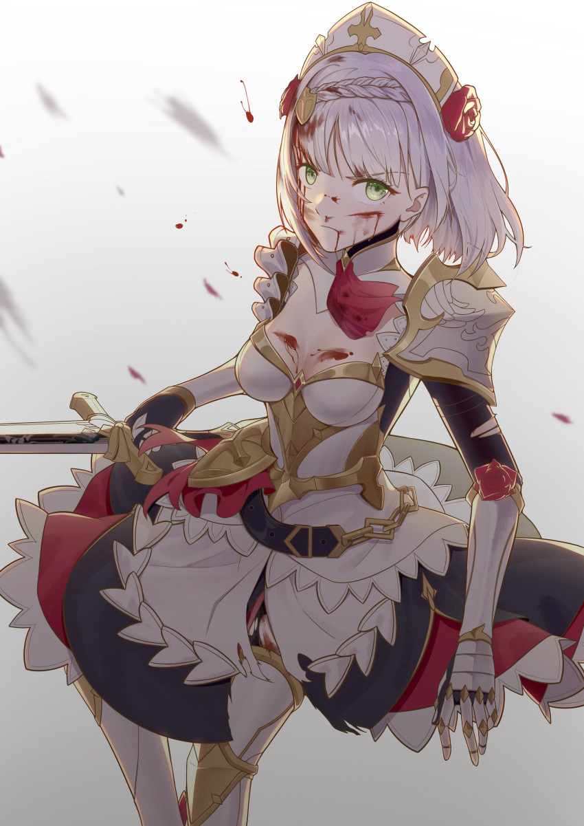 1girl absurdres apron armor armored_boots armored_dress ascot black_dress blood blood_drop blood_on_breasts blood_on_chest blood_on_face blood_on_leg blunt_bangs boots breastplate closed_mouth commentary_request cuts dress favonius_greatsword_(genshin_impact) feet_out_of_frame flower frilled_dress frills gauntlets genshin_impact greaves green_eyes grey_hair hair_flower hair_ornament highres holding holding_sword holding_weapon injury leg_armor legs_apart long_sleeves looking_at_viewer maid_apron maid_headdress medium_hair noelle_(genshin_impact) parted_bangs pauldrons plate_armor red_ascot red_flower red_rose rose serious shoulder_armor sidelocks single_pauldron solo staring sword torn_clothes torn_dress tu_shan weapon white_apron white_background