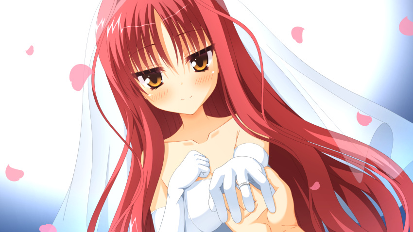 1girl absurdres bare_shoulders blush breasts bridal_gauntlets bridal_veil closed_mouth collarbone commentary double-parted_bangs dracu-riot! dress dutch_angle elbow_gloves eyelashes falling_petals foreshortening glint gloves hair_between_eyes hareringo highres jewelry large_breasts long_hair looking_at_viewer petals pov pov_hands reaching reaching_towards_viewer redhead ring sidelocks simple_background smile straight-on veil very_long_hair wavy_hair wedding_dress wedding_ring white_background yarai_miu yellow_eyes