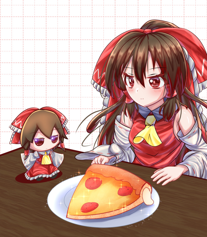 1girl absurdres ascot bow brown_eyes brown_hair closed_mouth commentary detached_sleeves doll food fumo_(doll) grid_background hair_bow hair_tubes hakurei_reimu highres long_hair pizza plate ponytail red_bow sidelocks sitting solo star_shin table touhou white_background yellow_ascot