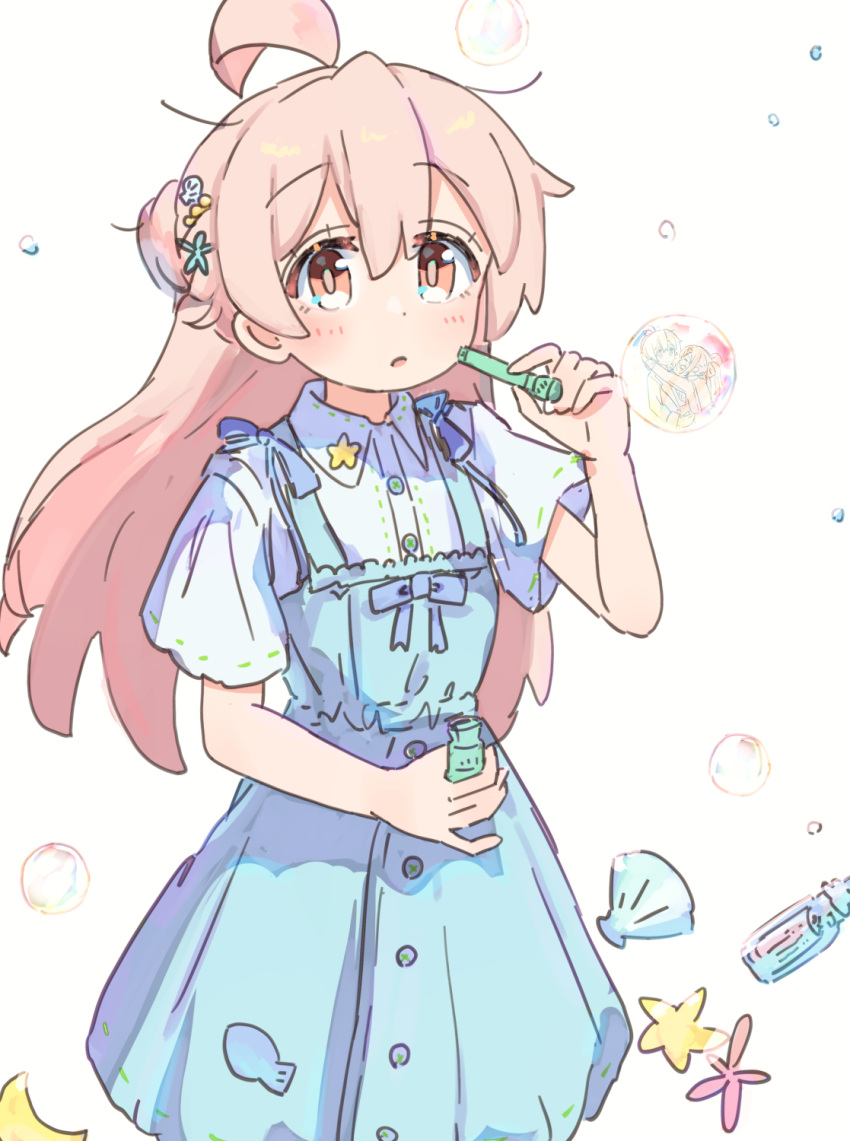 1girl :o ahoge bare_arms blue_dress brown_eyes buttons commentary dot_nose dress hair_between_eyes hair_ornament highres long_hair looking_at_viewer onii-chan_wa_oshimai! open_mouth oyama_mahiro pinafore_dress pink_hair shirt short_sleeves simple_background sleeveless sleeveless_dress soap_bubbles solo tetesudeesu white_background white_shirt wing_collar