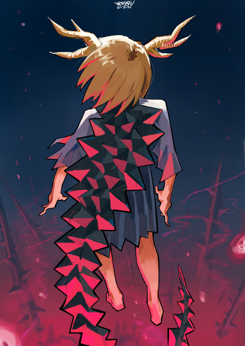1girl absurdres barefoot blonde_hair commentary dated dragon_horns from_behind full_body highres horns kicchou_yachie pleated_skirt shaw9987 short_hair short_sleeves signature skirt solo spiked_tail standing tail touhou