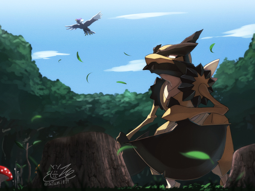 clouds commentary_request day falling_leaves from_below hisuian_braviary kleavor leaf looking_up no_humans outdoors pokemon pokemon_(creature) signature sky tatsumi_(panneko) tree