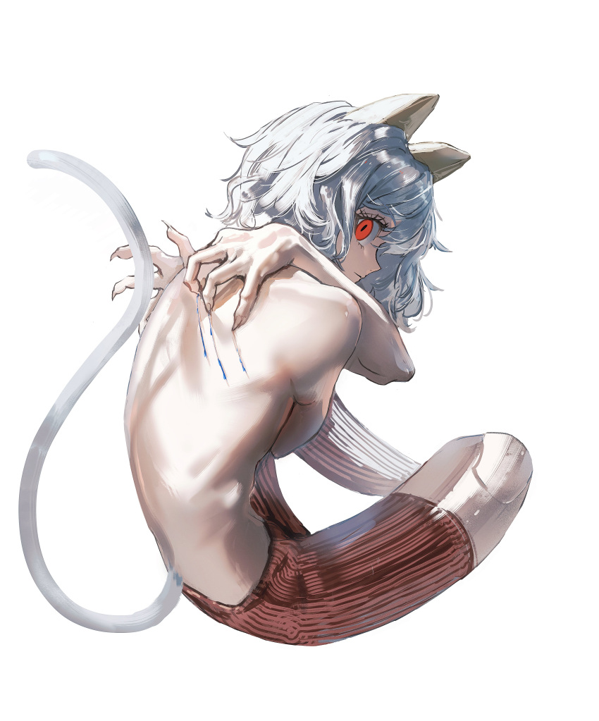 1other absurdres androgynous animal_ears cat_ears cat_tail chimera_ant curly_hair fingernails from_behind full_body gawako hands_on_own_back highres hunter_x_hunter indian_style looking_at_viewer neferpitou other_focus profile red_eyes sharp_fingernails short_hair simple_background sitting solo tail topless white_background white_hair