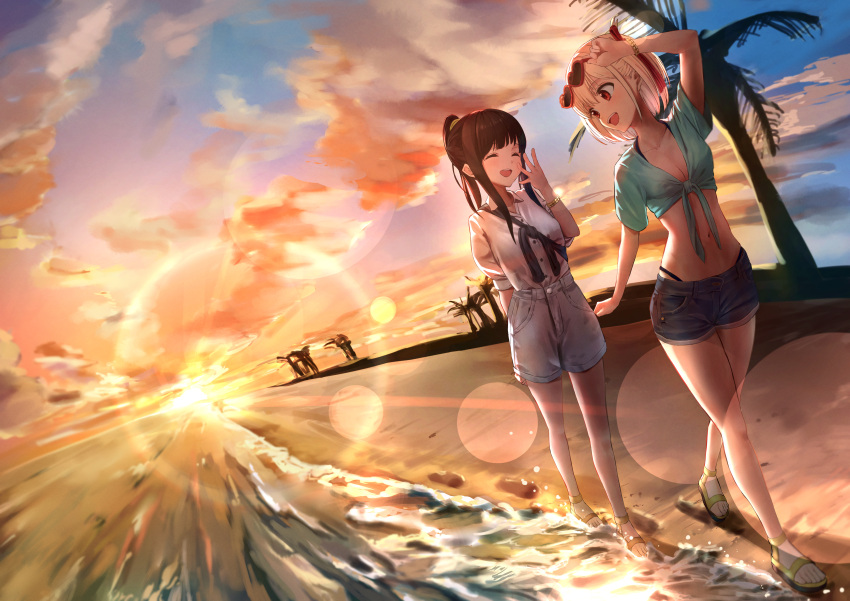 2girls :d absurdres beach black_hair blonde_hair blush boots breasts closed_eyes hand_up highres inoue_takina lycoris_recoil medium_breasts mimi_(mimi_ganbaruzo) multiple_girls nishikigi_chisato ocean outdoors red_eyes short_hair smile sunset walking yuri