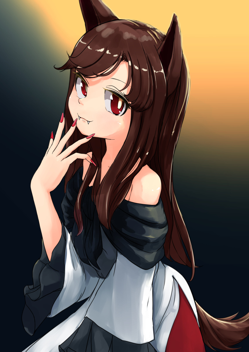 1girl :3 absurdres animal_ears brown_hair closed_mouth dress fangs fingernails highres imaizumi_kagerou long_hair long_sleeves looking_at_viewer nail_polish off-shoulder_dress off_shoulder red_eyes red_nails scottie0521 sharp_fingernails smile solo tail touhou white_dress wolf_ears wolf_girl wolf_tail