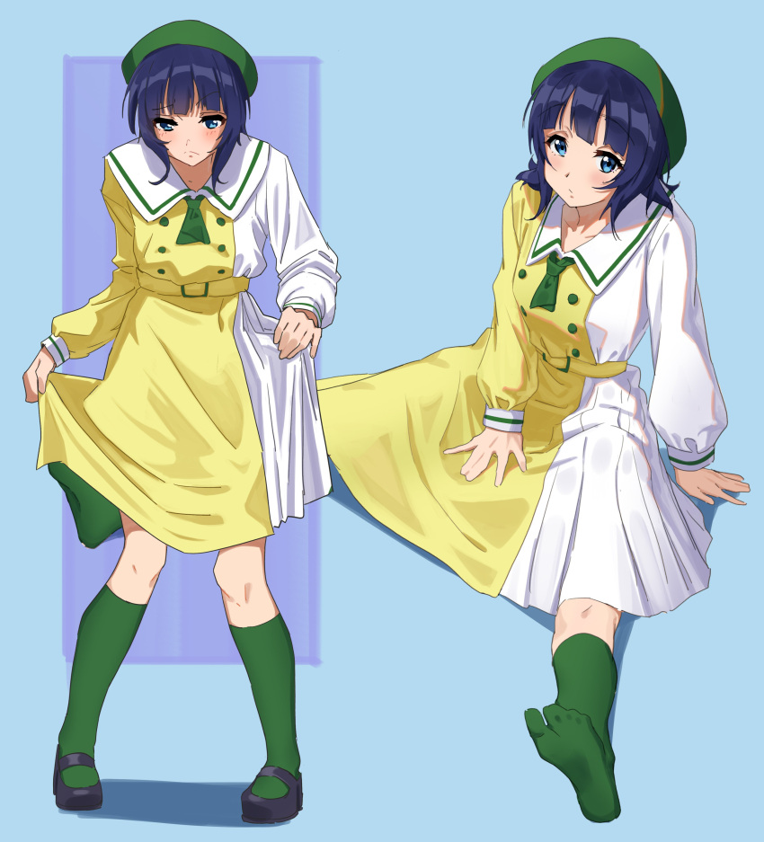0364p 1girl absurdres annoyed asaka_karin beret between_legs blue_background blue_eyes blue_hair blunt_bangs closed_mouth commentary_request dark_blue_hair frown green_socks hand_between_legs hand_on_floor hat highres light_blush looking_at_viewer looking_down looking_up love_live! love_live!_nijigasaki_high_school_idol_club mary_janes medium_hair mirai_harmony multiple_views shoes sitting skirt_hold socks two-tone_dress