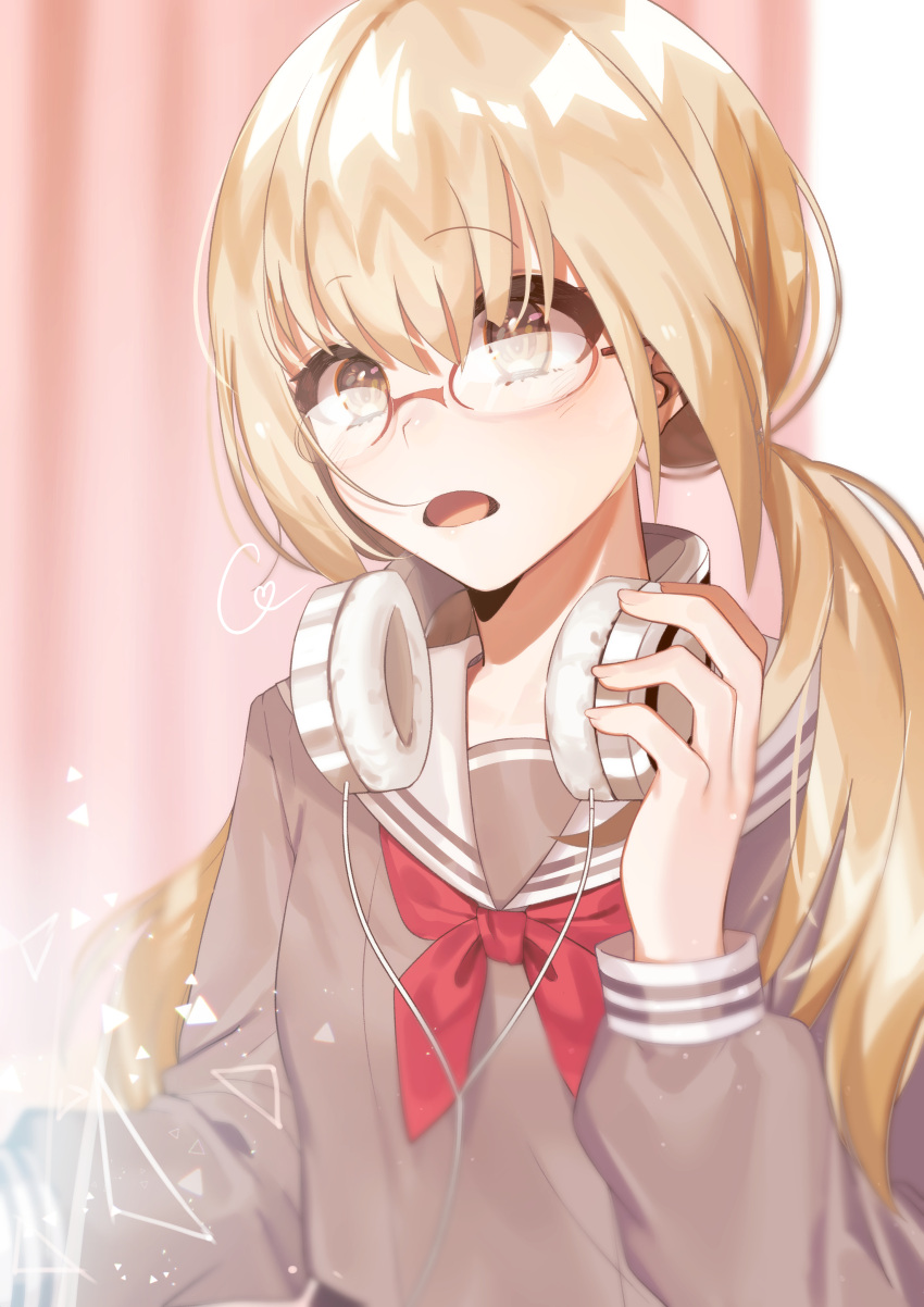 1girl absurdres azusawa_kohane blurry blurry_background brown_eyes cable commentary curtains glasses grey_serafuku grey_stripes hair_between_eyes hair_over_one_eye headphones headphones_around_neck heart highres light_brown_hair long_hair long_sleeves looking_ahead low_twintails manase_chiyu miyamasuzaka_girls'_academy_school_uniform neckerchief open_mouth project_sekai red_neckerchief rimless_eyewear round_eyewear school_uniform serafuku signature sleeve_cuffs solo striped triangle twintails upper_body