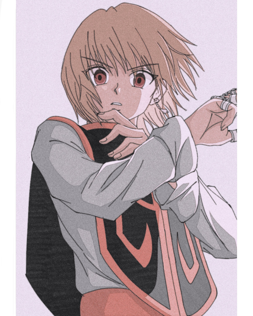 1boy absurdres androgynous blonde_hair bowl_cut chain earrings enoki_(gongindon) fighting_stance hands_up highres hunter_x_hunter jewelry kurapika long_sleeves looking_at_viewer male_focus multiple_rings parted_lips red_eyes ring shirt simple_background solo tabard white_shirt wide-eyed