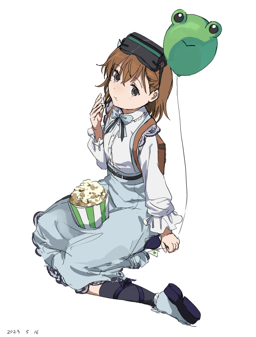 1girl backpack bag balloon black_socks blue_footwear blue_ribbon blue_skirt brown_eyes brown_hair collared_shirt eating empty_eyes flat_chest food gekota goggles goggles_on_head head-mounted_display highres holding holding_balloon lace_trim long_sleeves looking_at_viewer misaka_imouto misaka_imouto_10046 neck_ribbon official_alternate_costume popcorn pout ribbon shirt shoes short_hair sitting sketch skirt sneakers socks solo suspender_skirt suspenders takatisakana toaru_majutsu_no_index white_background white_shirt