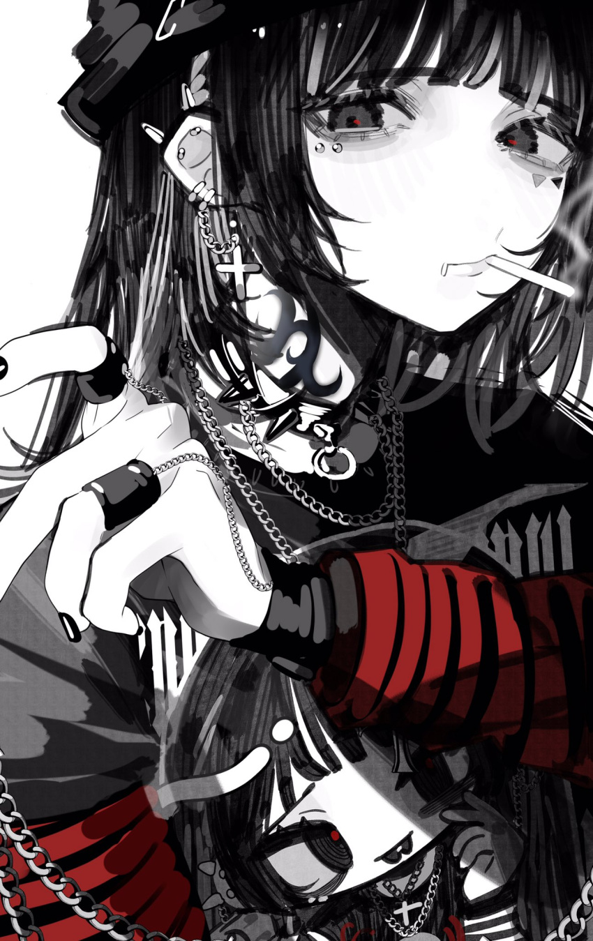 1girl :/ blunt_bangs chain chain_necklace character_print cigarette collar cross cross_earrings earrings greyscale half-closed_eyes hand_up highres index_finger_raised jewelry layered_shirt layered_sleeves long_hair long_sleeves looking_at_viewer monochrome mouth_hold multiple_rings nail_polish necklace original piercing print_shirt red_sleeves ring shirt short_over_long_sleeves short_sleeves simple_background sirayukisiu smoke_trail smoking solo spiked_collar spikes spot_color striped_sleeves tareme triangle_facial_mark