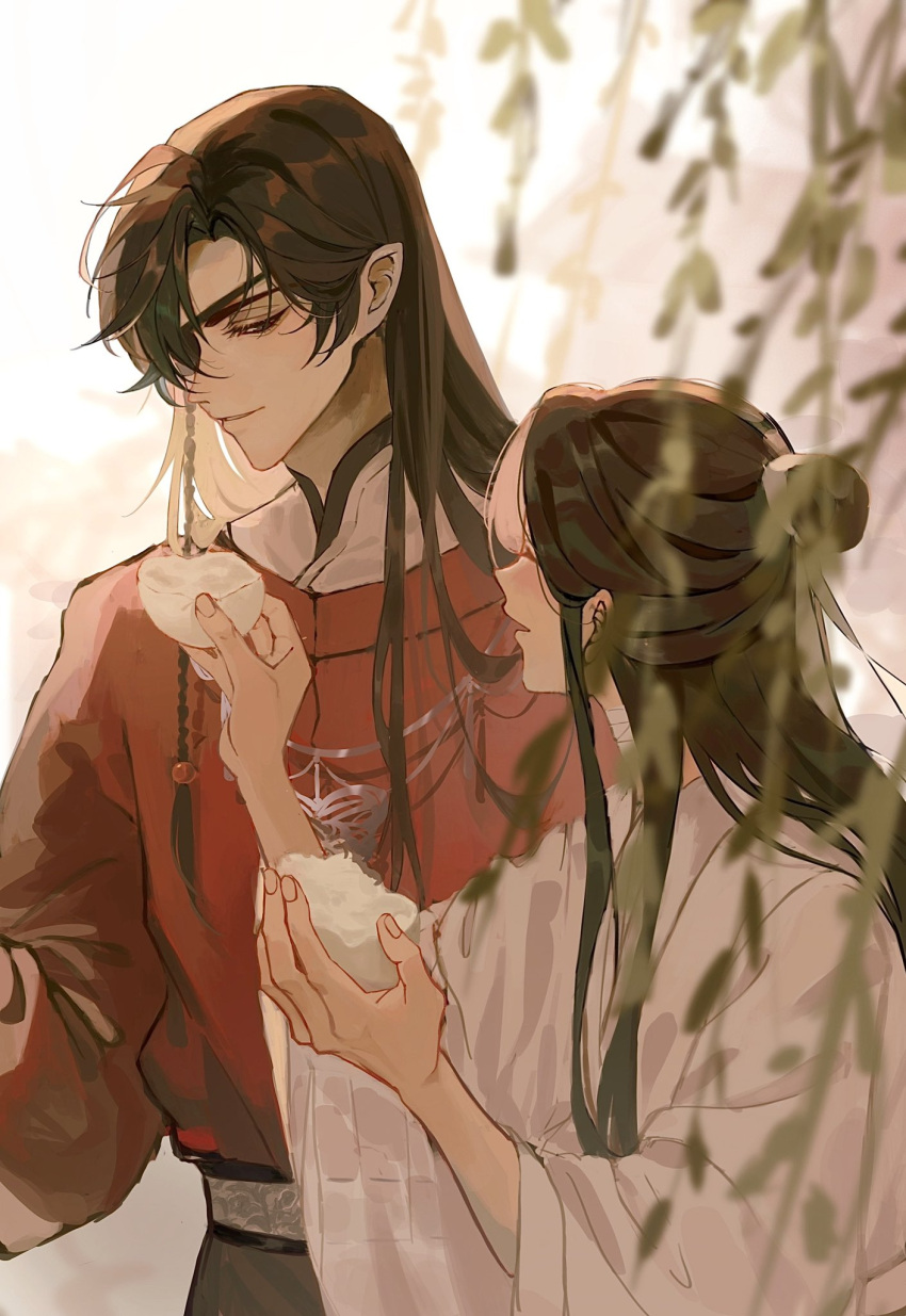 2boys ^_^ bishounen black_hair blurry blurry_foreground braid butterfly_necklace chinese_clothes closed_eyes eyelashes eyepatch fingernails food food_request hair_bun hair_ornament hand_up hanfu highres holding holding_food hua_cheng jewelry long_hair long_sleeves looking_at_another male_focus mandarin_collar multiple_boys necklace one_eye_covered open_mouth parted_bangs parted_lips robe shirt side_braid sidelocks single_braid single_hair_bun smile tantanmokou tianguan_cifu white_background white_robe wide_sleeves xie_lian