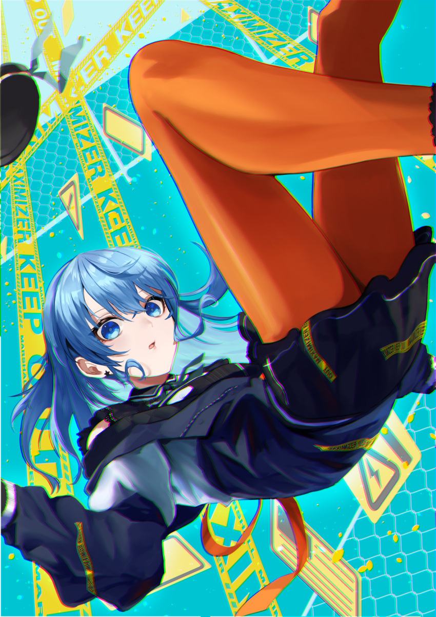 1girl beret black_skirt blue_eyes blue_hair earrings hat hat_removed headwear_removed highres hololive hoshimachi_suisei hoshimachi_suisei_(3rd_costume) jewelry long_sleeves looking_at_viewer neck_ribbon open_mouth orange_pantyhose pantyhose ribbon skirt solo star_(symbol) star_earrings virtual_youtuber yellow_takano