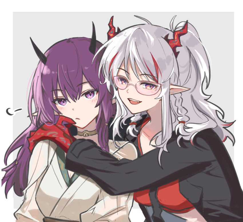 2girls alternate_costume arknights black_necktie black_shirt braid colored_skin commentary_request crop_top demon_girl demon_horns dragon_girl dragon_horns expressionless gold_choker hands_on_another's_shoulders highres horns hug lava_(arknights) lava_the_purgatory_(arknights) long_hair long_sleeves looking_at_viewer mabing multicolored_hair multiple_girls necktie nian_(arknights) open_clothes open_mouth open_shirt pointy_ears purple_hair red_skin shirt smile streaked_hair twin_braids upper_body violet_eyes white_hair yuri