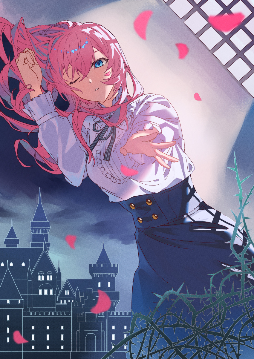 1girl 6o2_(rokumaruni) absurdres black_ribbon black_skirt blue_eyes breasts building buttons castle clouds cloudy_sky collar commentary english_commentary falling_petals frilled_collar frills hair_between_eyes highres long_hair long_sleeves looking_at_viewer lying medium_breasts megurine_luka neck_ribbon on_side one_eye_closed outstretched_hand parted_lips petals pink_hair ribbon shirt skirt sky solo thorns vocaloid white_shirt window