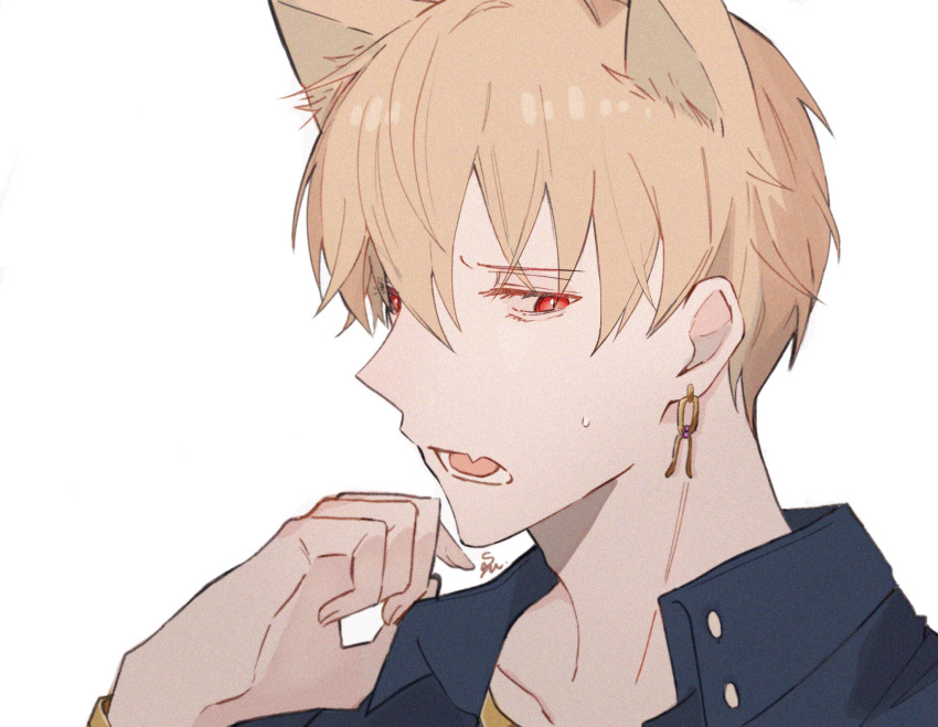 1boy animal_ears blonde_hair cat_ears collared_shirt commentary_request earrings fang fate/grand_order fate_(series) gilgamesh_(fate) highres jewelry male_focus open_mouth red_eyes shirt short_hair shu_(oshigoto_boshuuchuu) simple_background single_earring skin_fang solo white_background