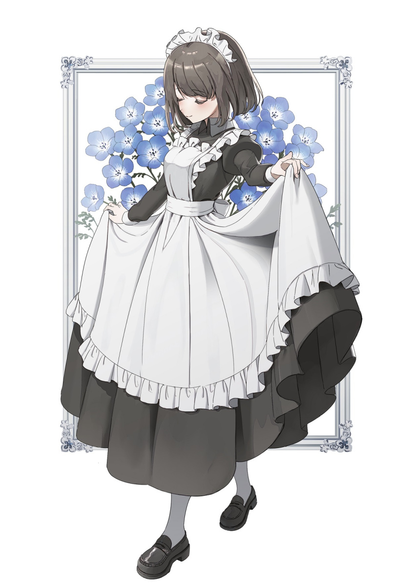 1girl apron black_dress black_footwear black_hair blue_flower blush closed_eyes closed_mouth collared_dress commentary dress flower frilled_apron frills full_body highres loafers maid maid_apron maid_headdress nemophila_(flower) original pantyhose picture_frame pleated_dress shii_(kairi-t-k0317) shoes short_hair simple_background skirt_hold smile solo standing white_background white_pantyhose