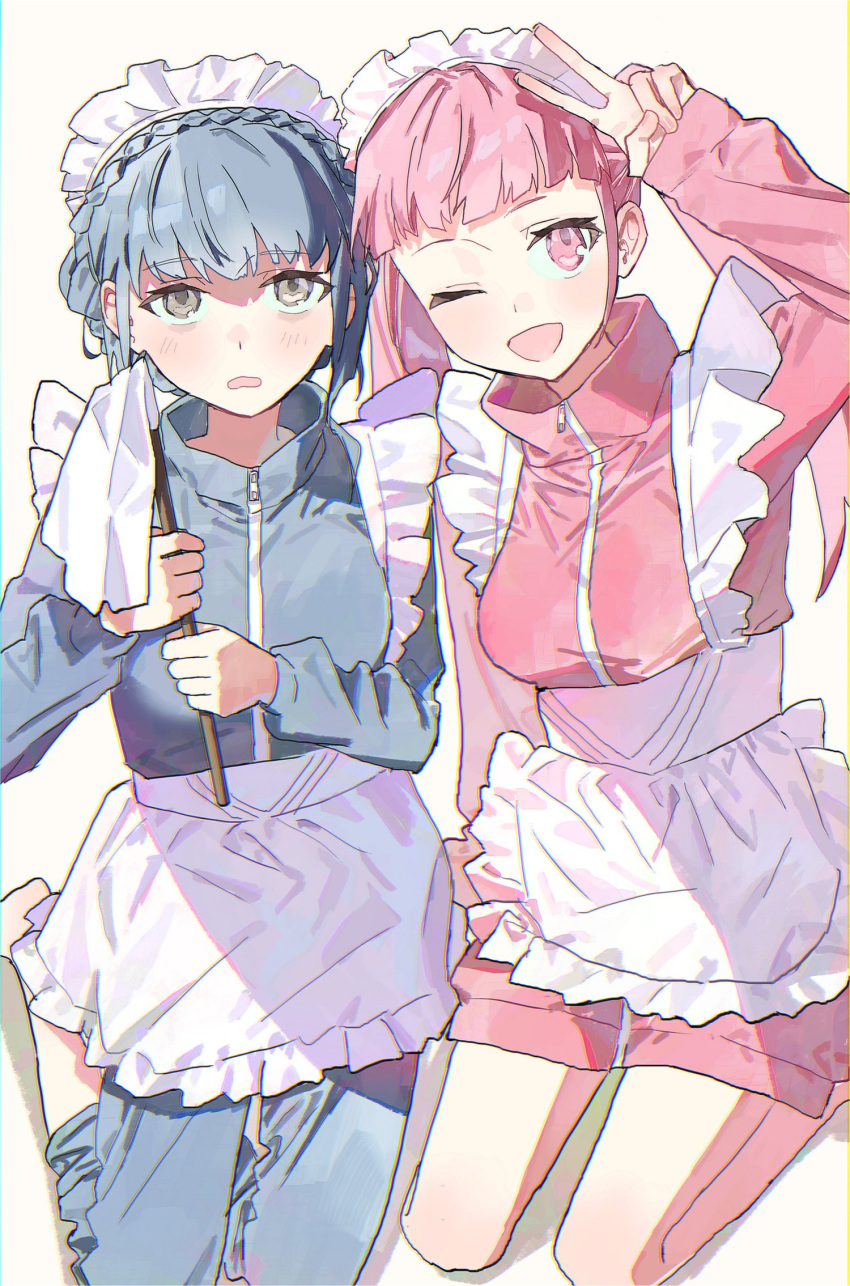 2girls alternate_costume apron bags_under_eyes blue_hair blue_jacket blunt_bangs blush braid commentary_request crown_braid duster fire_emblem fire_emblem:_three_houses frilled_apron frills highres hilda_valentine_goneril holding holding_duster jacket jersey_maid long_hair long_sleeves looking_at_viewer maid_apron maid_headdress marianne_von_edmund multiple_girls nmnm2332chan one_eye_closed open_mouth pants pink_eyes pink_hair pink_jacket short_hair simple_background smile track_jacket twintails v waist_apron white_apron white_background