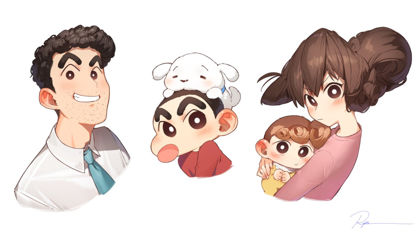 2boys 2girls animal_on_head baby baby_carry black_hair blush bright_pupils brown_hair carrying crayon_shin-chan cropped_torso facial_hair family grin highres looking_at_viewer male_child multiple_boys multiple_girls nohara_himawari nohara_hiroshi nohara_misae nohara_shinnosuke on_head ryota_(ry_o_ta) shiro_(shin-chan) signature simple_background smile thick_eyebrows upper_body white_background white_dog