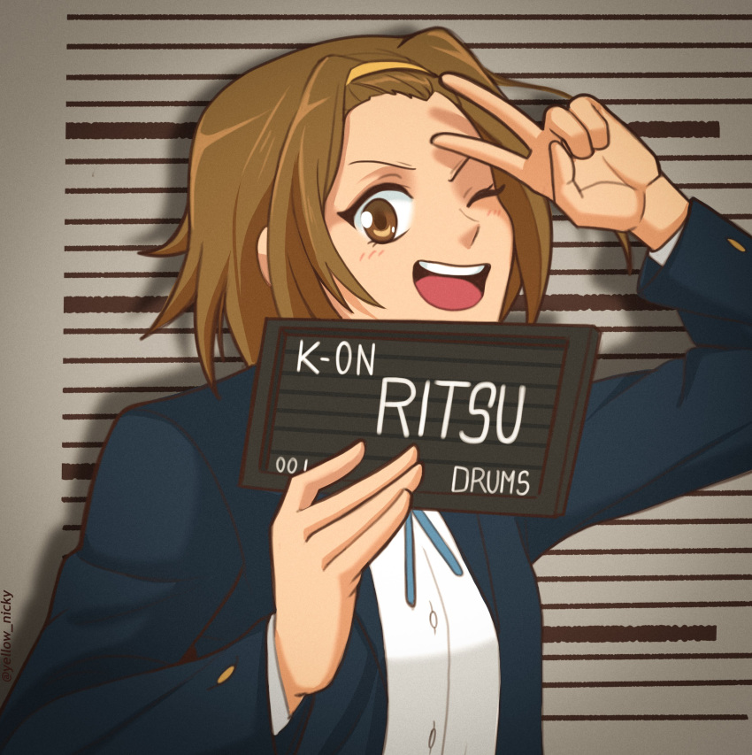 1girl ;d absurdres barbie_mugshot_(meme) blazer blue_jacket blue_ribbon brown_eyes brown_hair character_name collared_shirt commentary copyright_name english_commentary forehead hairband highres holding holding_sign jacket k-on! long_sleeves looking_at_viewer meme mugshot neck_ribbon one_eye_closed open_mouth ribbon sakuragaoka_high_school_uniform school_uniform shirt short_hair sign smile solo tainaka_ritsu teeth upper_body upper_teeth_only v white_shirt winter_uniform yellow_hairband yellow_nicky
