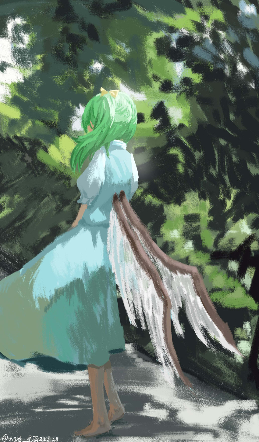 1girl absurdres barefoot blue_dress bow commentary_request daiyousei dress fairy_wings forest from_side full_body green_hair hair_bow highres long_hair low_wings nature one-hour_drawing_challenge one_side_up painterly profile puffy_short_sleeves puffy_sleeves short_sleeves solo standing touhou ve1024 wings yellow_bow