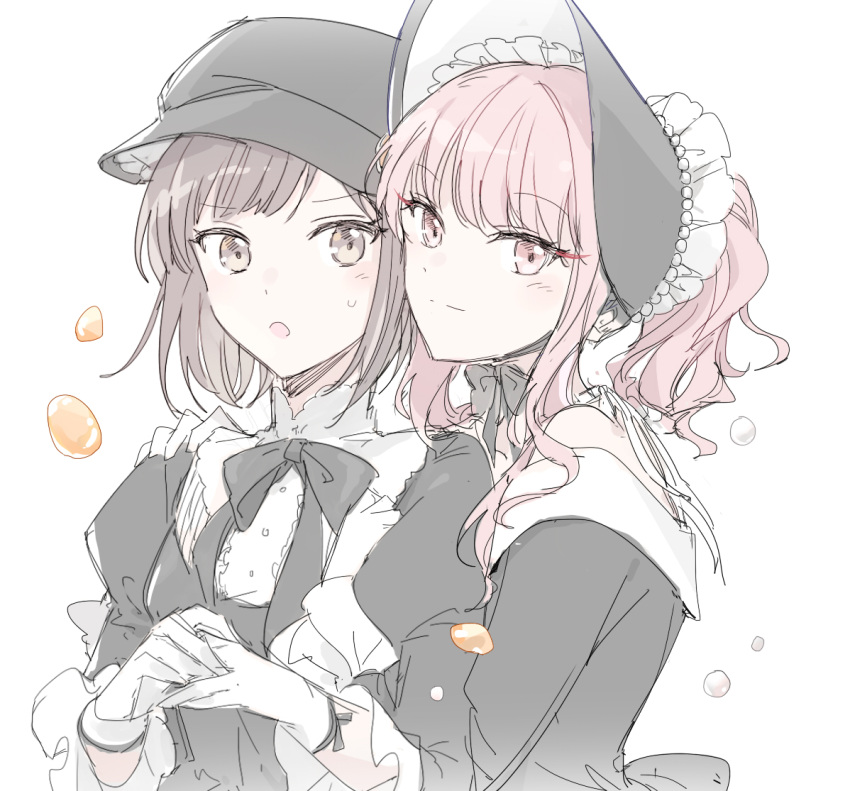1girl 1other :o akiyama_mizuki black_bow black_bowtie black_headwear bonnet bow bowtie brown_eyes brown_hair choker closed_mouth commentary gloves hand_on_another's_shoulder kaesmedubu long_hair long_sleeves looking_at_viewer open_mouth pink_eyes pink_hair ponytail project_sekai ribbon_choker shinonome_ena short_hair symbol-only_commentary upper_body white_background white_gloves