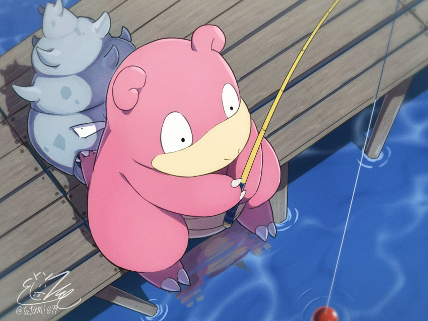 black_eyes claws commentary_request day fishing fishing_rod from_above highres holding holding_fishing_rod no_humans outdoors pokemon pokemon_(creature) reflection signature slowbro solo tatsumi_(panneko) water