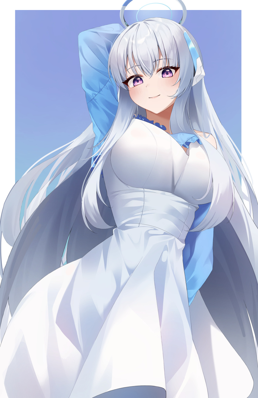 absurdres alternate_costume blue_archive blue_background dress halo highres k_cyp long_hair looking_at_viewer mechanical_ears mechanical_halo noa_(blue_archive) simple_background violet_eyes white_background white_dress white_hair