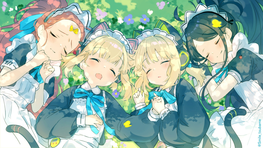 4girls absurdres ahoge animal_ear_headphones animal_ears apron aqua_ribbon aris_(blue_archive) aris_(maid)_(blue_archive) black_hair blonde_hair blue_archive blush bug butterfly cat_ear_headphones closed_mouth facing_viewer fake_animal_ears frilled_apron frills from_above headphones highres holding_hands ladybug long_hair long_sleeves maid maid_apron maid_headdress midori_(blue_archive) midori_(maid)_(blue_archive) momoi_(blue_archive) momoi_(maid)_(blue_archive) multiple_girls neck_ribbon on_grass open_mouth outdoors parted_bangs parted_lips puffy_long_sleeves puffy_short_sleeves puffy_sleeves redhead ribbon short_hair short_sleeves sidelocks sleeping tail tsubameno twitter_username upper_body yuzu_(blue_archive) yuzu_(maid)_(blue_archive)