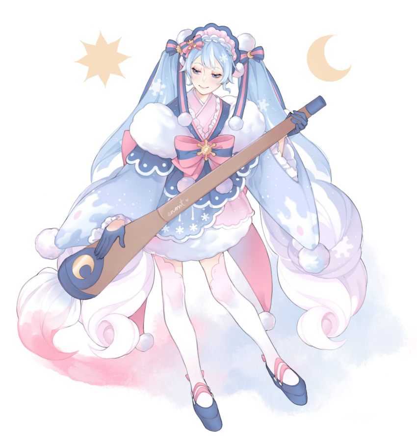 1girl art_brush blue_eyes blue_gloves blue_hair bow bowtie crescent crescent_hair_ornament crescent_print crypton_future_media enosst fur-trimmed_kimono fur_trim giant_brush gloves gradient_hair hair_bow hair_ornament hair_ribbon hatsune_miku highres instrument_hair_ornament japanese_clothes kimono layered_clothes layered_kimono light_blue_hair long_hair mini_shako_cap multicolored_hair musical_note musical_note_hair_ornament paintbrush pink_bow pink_bowtie pink_hair pom_pom_(clothes) ribbon smile snowflake_ornament snowflake_print sun_hair_ornament thigh-highs twintails very_long_hair vocaloid white_thighhighs yuki_miku yuki_miku_(2023)