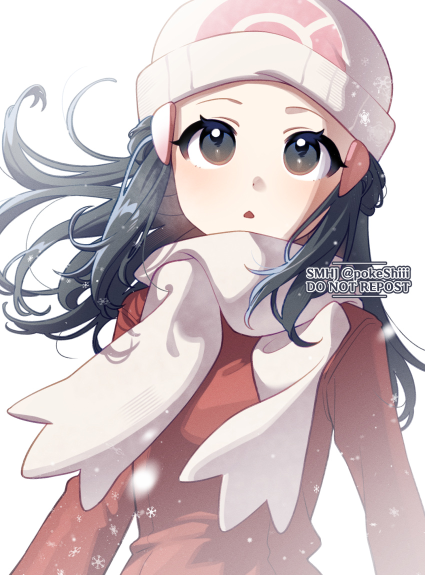 1girl beanie black_hair coat commentary eyelashes floating_hair grey_eyes hair_ornament hairclip hat highres hikari_(pokemon) long_hair looking_up open_mouth pokemon pokemon_(game) pokemon_dppt pokemon_platinum red_coat scarf shi_mohaji snow snowflakes solo symbol-only_commentary upper_body watermark white_background white_headwear white_scarf winter_clothes