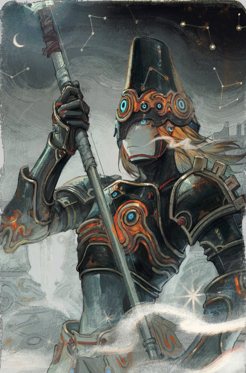 1boy absurdres ancient_set_(zelda) armor black_armor black_gloves blonde_hair blue_eyes frown gloves grey_background helmet highres holding holding_polearm holding_weapon link male_focus official_alternate_costume pointy_ears polearm solo the_legend_of_zelda the_legend_of_zelda:_breath_of_the_wild weapon yu-x