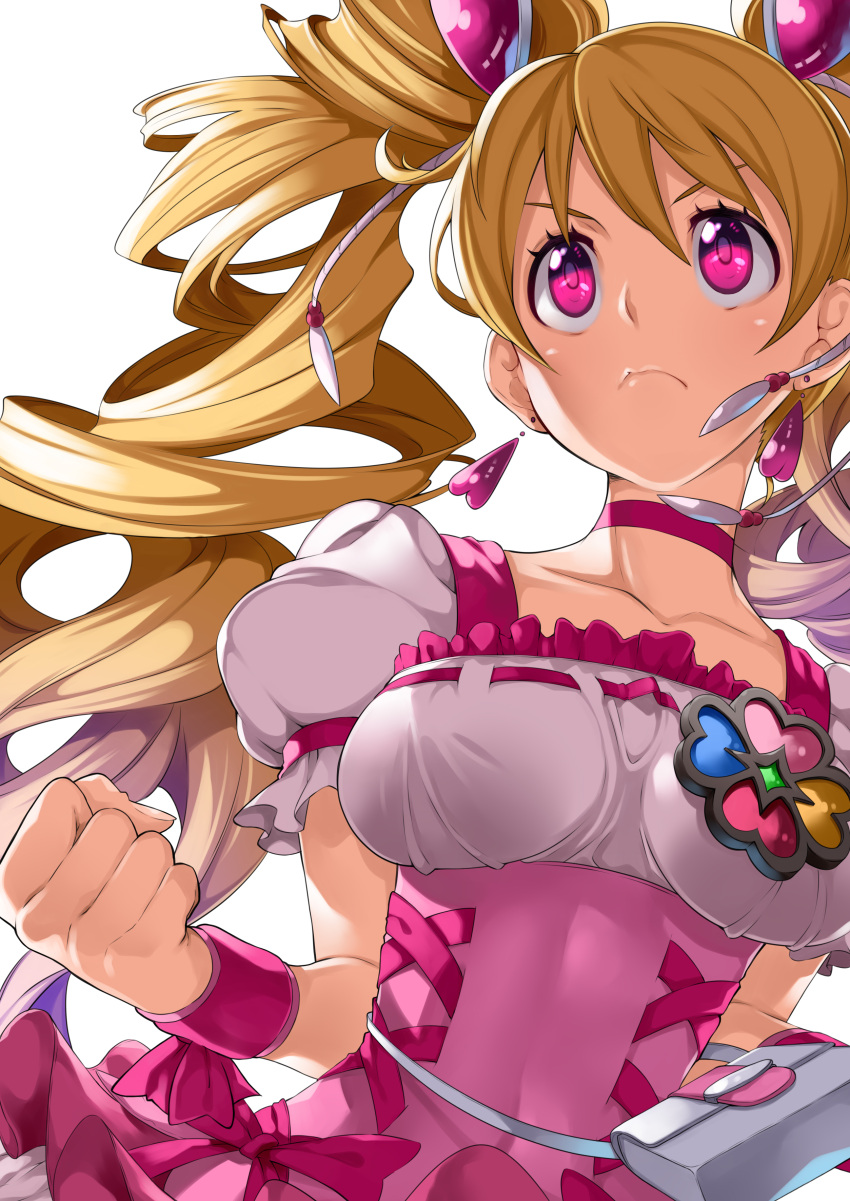 1girl absurdres blonde_hair bow breasts choker clover_ornament cure_peach earrings fresh_precure! hair_ornament heart heart_earrings heart_hair_ornament highres jewelry long_hair magical_girl medium_breasts momozono_love pink_bow pink_choker pink_eyes pouch precure simple_background smile solo twintails upper_body white_background yuuzii