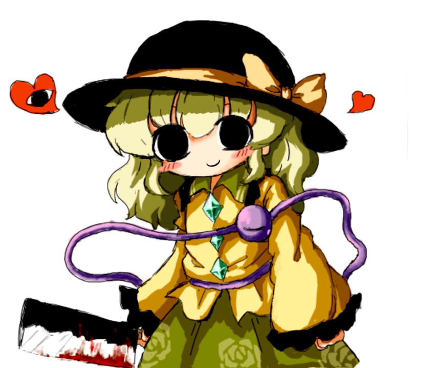 1girl black_eyes black_headwear blood blood_on_knife blouse blush bow bright_pupils buttons closed_mouth cowboy_shot diamond_button eyeball floral_print frilled_shirt_collar frilled_sleeves frills green_skirt hat hat_bow hat_ribbon heart heripantomorrow holding holding_knife knife komeiji_koishi light_green_hair long_sleeves looking_at_viewer medium_hair ribbon rose_print shirt simple_background skirt smile solo third_eye touhou wavy_hair white_background wide_sleeves yellow_bow yellow_ribbon yellow_shirt