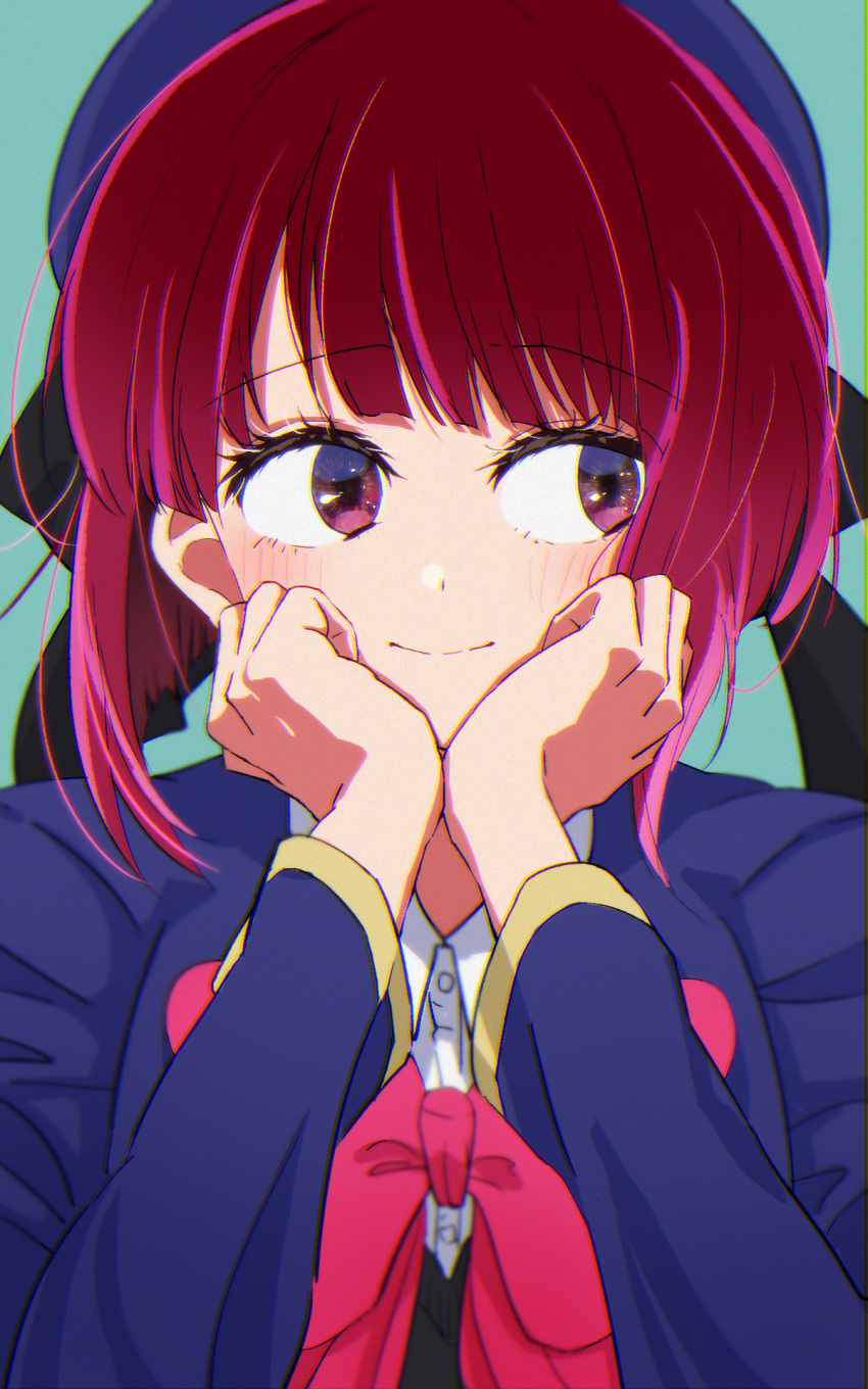 1girl arima_kana beret blue_headwear blue_jacket blunt_bangs blunt_ends blush bow bowtie commentary_request green_background hands_on_own_cheeks hands_on_own_face hat highres jacket jibe1212 oshi_no_ko red_bow red_bowtie red_eyes redhead short_hair sideways_glance simple_background smile solo upper_body