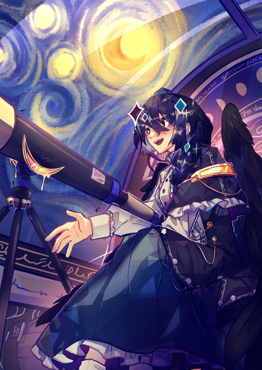 1girl :d artist_name bird_wings black_capelet black_wings blue_hair blue_skirt capelet center_frills commentary_request dark_blue_hair feet_out_of_frame fine_art_parody frilled_skirt frills hat highres iizunamaru_megumu jin-dam long_hair long_skirt long_sleeves observatory open_mouth parody shirt sitting skirt smile solo sparkle starry_night telescope tokin_hat touhou violet_eyes white_shirt wings