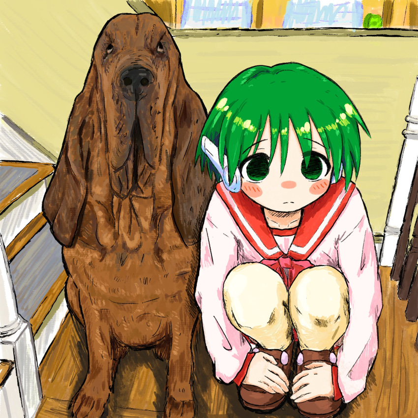 1girl animal blush bubbacterial closed_mouth dog empty_eyes green_eyes green_hair grey_hair hands_on_own_feet highres indoors loafers long_sleeves multi_(to_heart) red_sailor_collar robot_ears sailor_collar school_uniform serafuku shoes short_hair squatting stairs to_heart to_heart_(series)