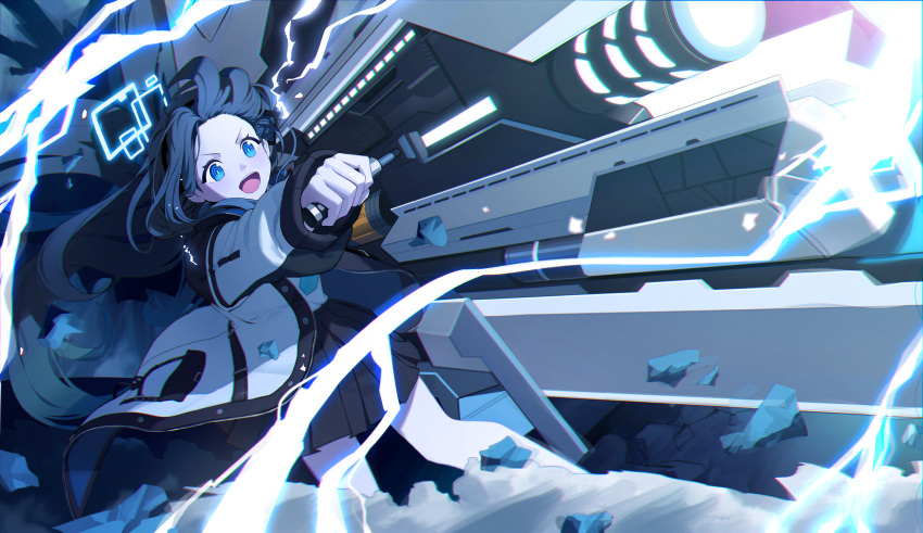 1girl :d aris_(blue_archive) black_hair blue_archive blue_eyes blue_halo blue_necktie firing forehead glowing gun halo highres holding holding_gun holding_weapon huge_weapon lightning long_hair long_sleeves looking_at_viewer necktie open_mouth railgun rubble skirt smile solo very_long_hair weapon zanya_000