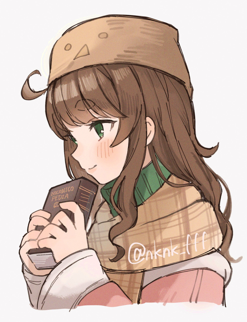 1boy a.i._voice ahoge blush book brown_hair brown_scarf closed_mouth coat commentary copyright_name cropped_torso english_text from_side green_sweater hands_up hat highres hikimayu holding holding_book kurita_maron long_hair long_sleeves looking_ahead niconico otoko_no_ko pink_coat plaid plaid_scarf scarf sidelocks simple_background smile sweater tananuki turtleneck turtleneck_sweater twitter_username two-handed watermark wavy_hair white_background