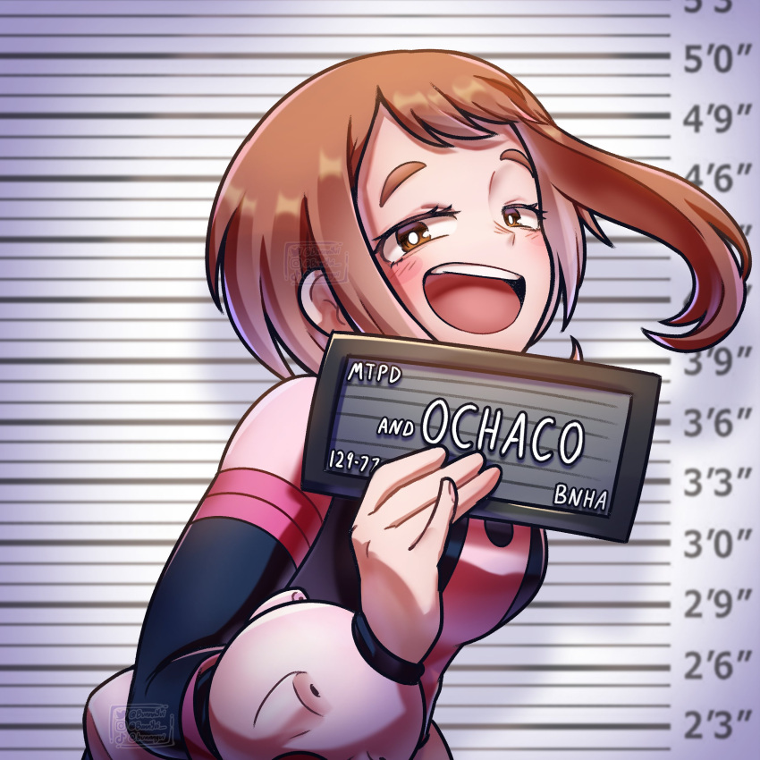 1girl :d absurdres artist_name barbie_mugshot_(meme) black_bodysuit bodysuit boku_no_hero_academia bright_pupils brown_eyes brown_hair bunnnyui character_name commentary english_commentary hand_up highres holding holding_sign instagram_username looking_at_viewer meme mugshot name_tag short_hair sign smile solo teeth thick_thighs thighs tiktok_username twitter_username upper_teeth_only uraraka_ochako watermark white_pupils