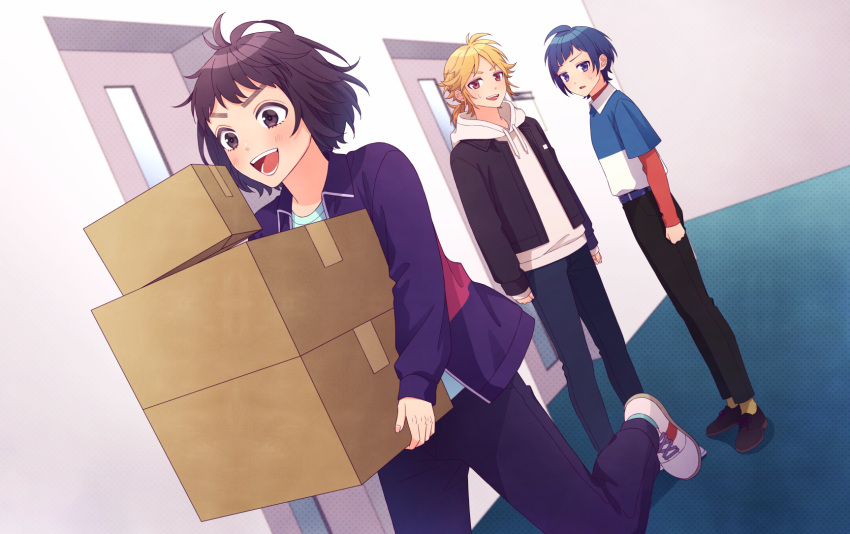 1girl 2boys :d arms_at_sides black_jacket black_pants blonde_hair blue_hair blue_pants box brown_hair cardboard_box denim door dutch_angle heroine_tarumono! highres honeyworks hood hoodie indoors jacket long_sleeves multiple_boys pants shibasaki_aizou shoes short_hair smile sneakers socks someya_yuujirou suzumi_hiyori tamakingx422x thick_eyebrows white_hoodie yellow_socks