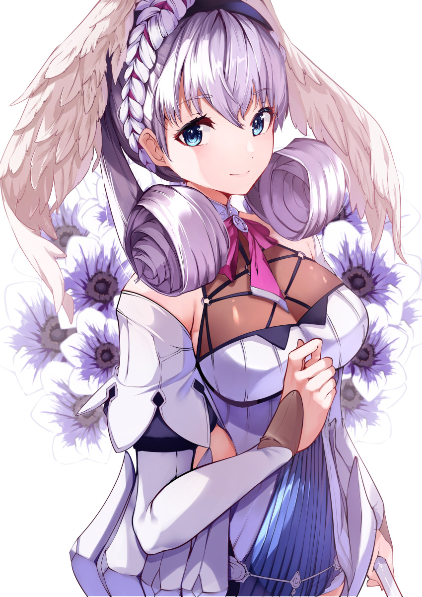 1girl absurdres ascot blue_eyes braid cowboy_shot crown_braid dress flower hairband hand_up head_wings highres looking_at_viewer melia_antiqua puffy_sleeves risumi_(taka-fallcherryblossom) short_dress short_hair smile solo twintails white_flower wings xenoblade_chronicles:_future_connected xenoblade_chronicles_(series) xenoblade_chronicles_1