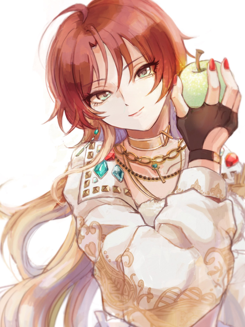 1girl 47_m00n ahoge aketa_mikoto apple bead_necklace beads blonde_hair brown_hair chain_necklace choker coat commentary_request eyelashes fingerless_gloves food fruit gloves gradient_hair green_apple green_eyes highres holding holding_food holding_fruit idolmaster idolmaster_shiny_colors jewelry lips long_hair multicolored_hair necklace nose official_alternate_costume parted_bangs smile solo white_coat