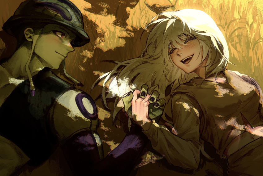 1boy 1girl blush butn_0925 closed_eyes colored_skin couple green_skin highres holding_hands hunter_x_hunter komugi_(hunter_x_hunter) korean_commentary long_hair looking_at_another meruem monster_boy on_grass open_mouth smile white_hair